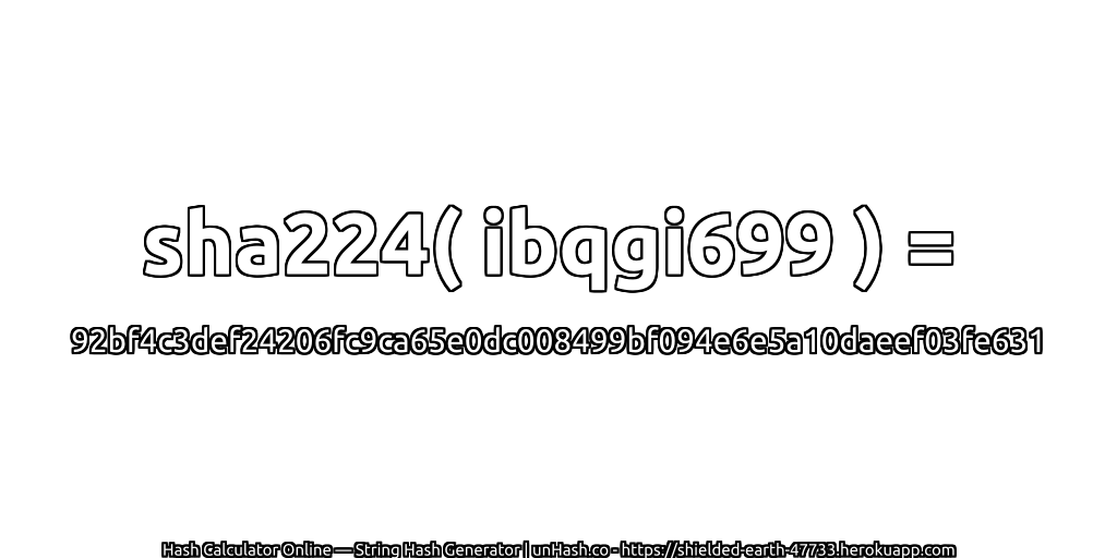 sha224( ibqgi699 ) = 92bf4c3def24206fc9ca65e0dc008499bf094e6e5a10daeef03fe631 | unHash.co