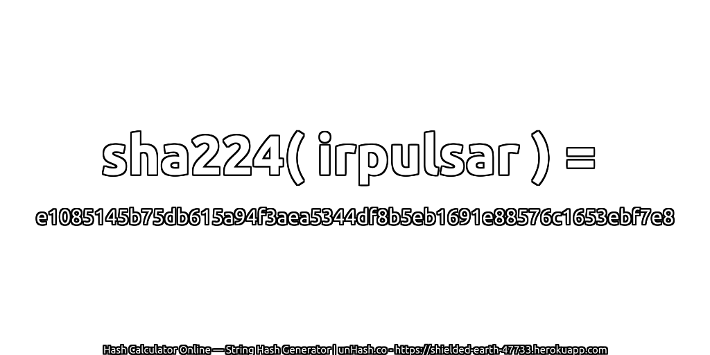 sha224( irpulsar ) = e1085145b75db615a94f3aea5344df8b5eb1691e88576c1653ebf7e8 | unHash.co