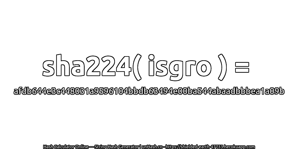 sha224( isgro ) = afdb644e3c448031a9596104bbdb63494e00ba544abaadbbbea1a09b | unHash.co