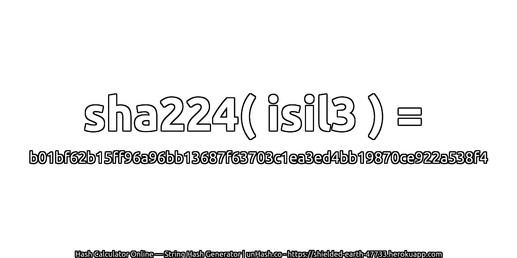 sha224( isil3 ) = b01bf62b15ff96a96bb13687f63703c1ea3ed4bb19870ce922a538f4 | unHash.co