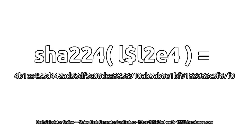 sha224( l$l2e4 ) = 4b1ca455d442ad35df5c08dca8658910ab5ab8e1bf9182082c3f87f0 | unHash.co