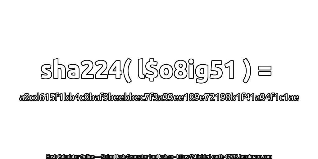sha224( l$o8ig51 ) = a2cd615f1bb4c8baf9beebbec7f3a33ee189e72198b1f41a34f1c1ae | unHash.co