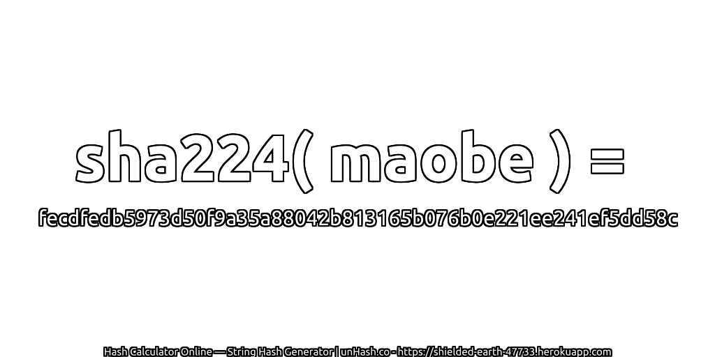 sha224( maobe ) = fecdfedb5973d50f9a35a88042b813165b076b0e221ee241ef5dd58c | unHash.co