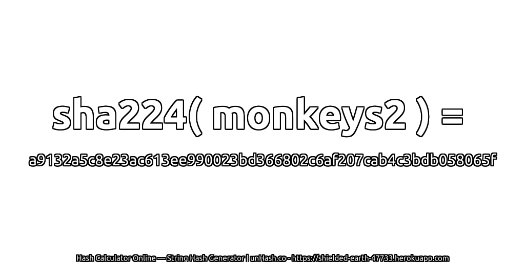 sha224( monkeys2 ) = a9132a5c8e23ac613ee990023bd366802c6af207cab4c3bdb058065f | unHash.co