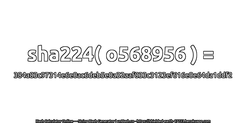 sha224( o568956 ) = 384a83c97314e6e0ac6deb5e0a32aaf833c3123ef616e0e64da1ddf2 | unHash.co