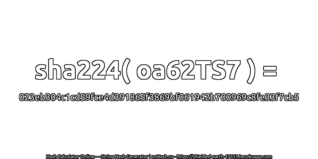 sha224( oa62TS7 ) = 023eb304c1cd59fce4d391865f3869bf061942b700969c8fe33f7cb5 | unHash.co