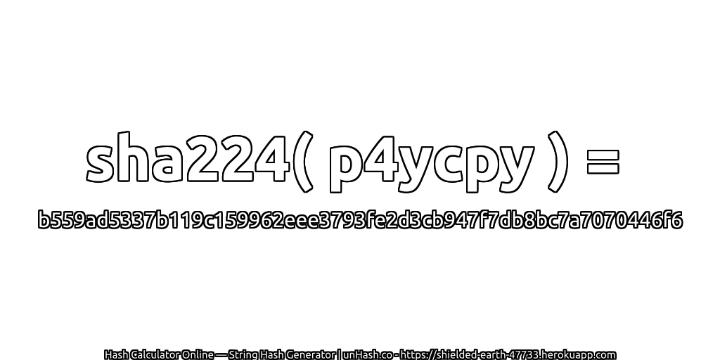 sha224( p4ycpy ) = b559ad5337b119c159962eee3793fe2d3cb947f7db8bc7a7070446f6 | unHash.co