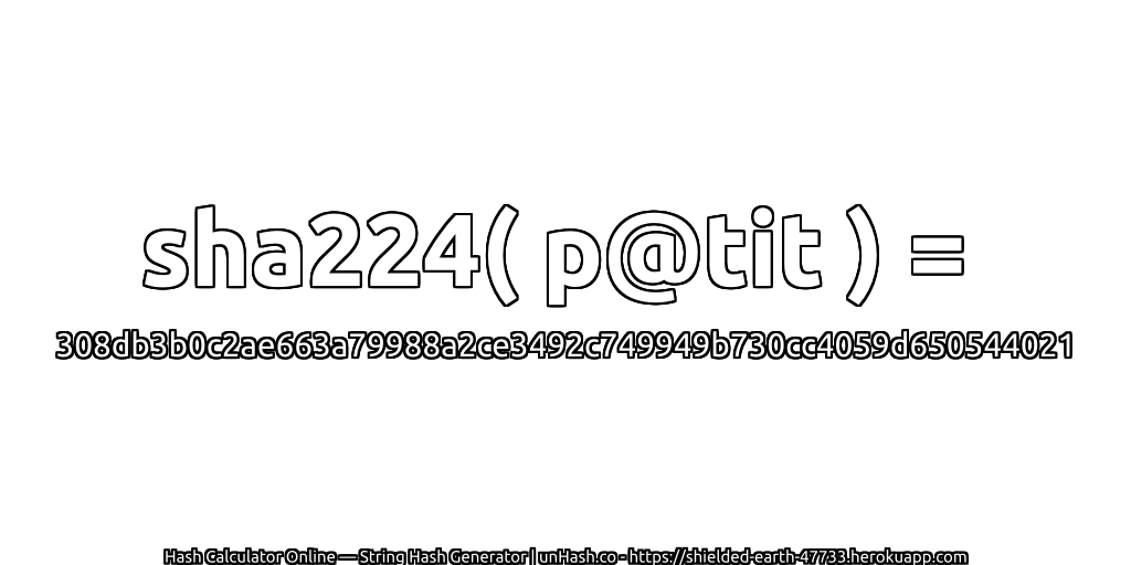 sha224( p@tit ) = 308db3b0c2ae663a79988a2ce3492c749949b730cc4059d650544021 | unHash.co