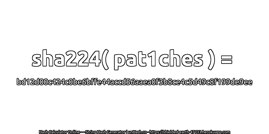 sha224( pat1ches ) = bd12d00c424c0be6bffe44accd56aaea0f3b8ce4c5d49c8f199de9ee | unHash.co