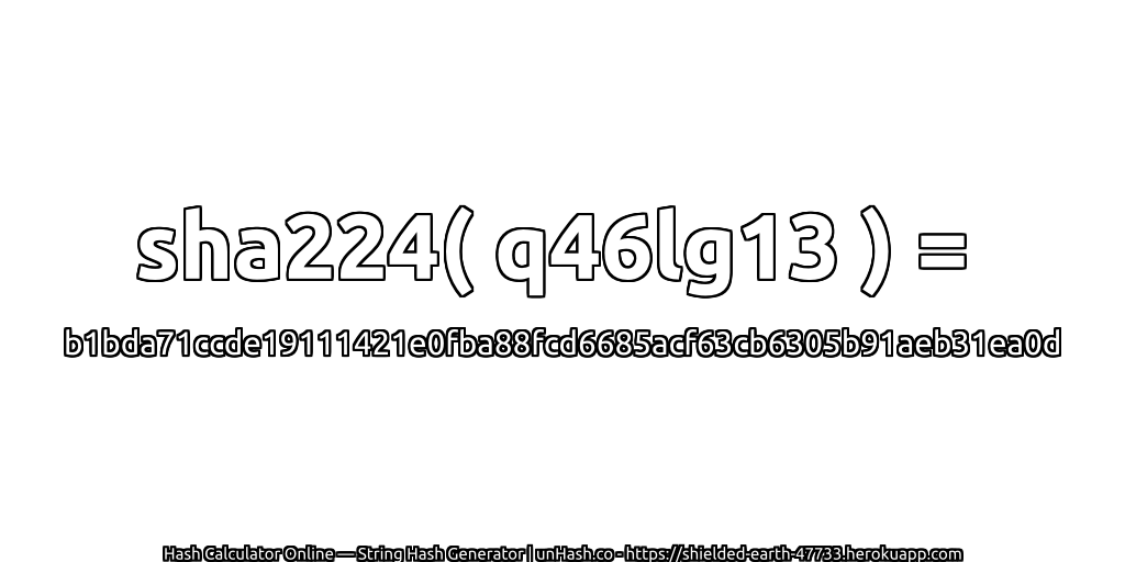 sha224( q46lg13 ) = b1bda71ccde19111421e0fba88fcd6685acf63cb6305b91aeb31ea0d | unHash.co