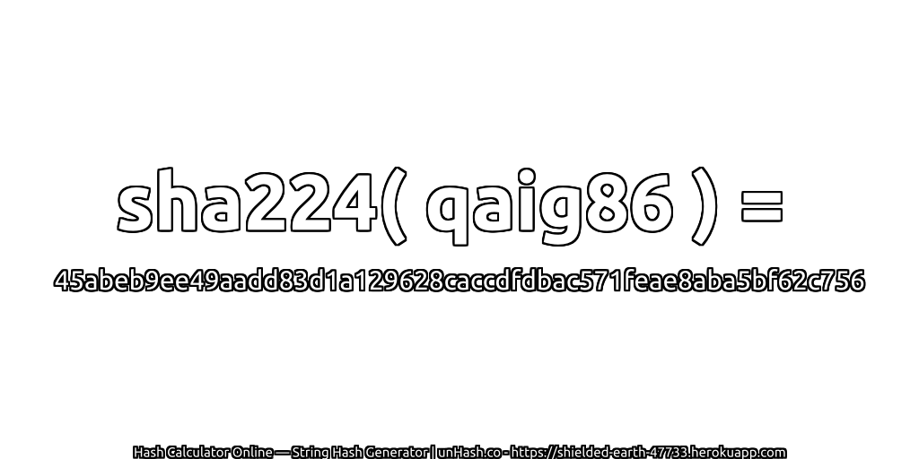 sha224( qaig86 ) = 45abeb9ee49aadd83d1a129628caccdfdbac571feae8aba5bf62c756 | unHash.co