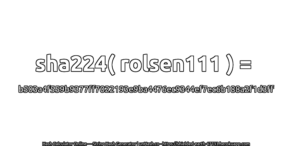 sha224( rolsen111 ) = b503a4f559b9377ff7022193e9ba4476ec9344ef7ec6b188a2f1d3ff | unHash.co