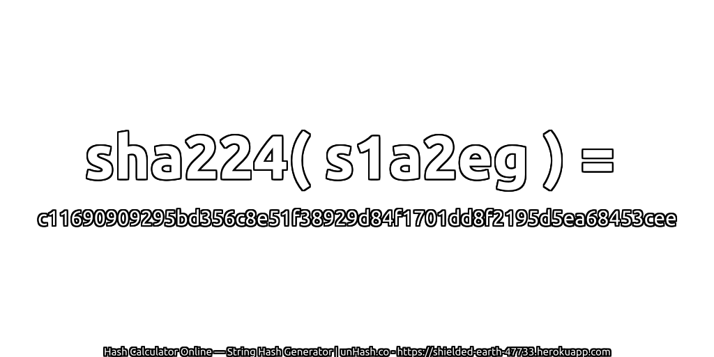 sha224( s1a2eg ) = c11690909295bd356c8e51f38929d84f1701dd8f2195d5ea68453cee | unHash.co