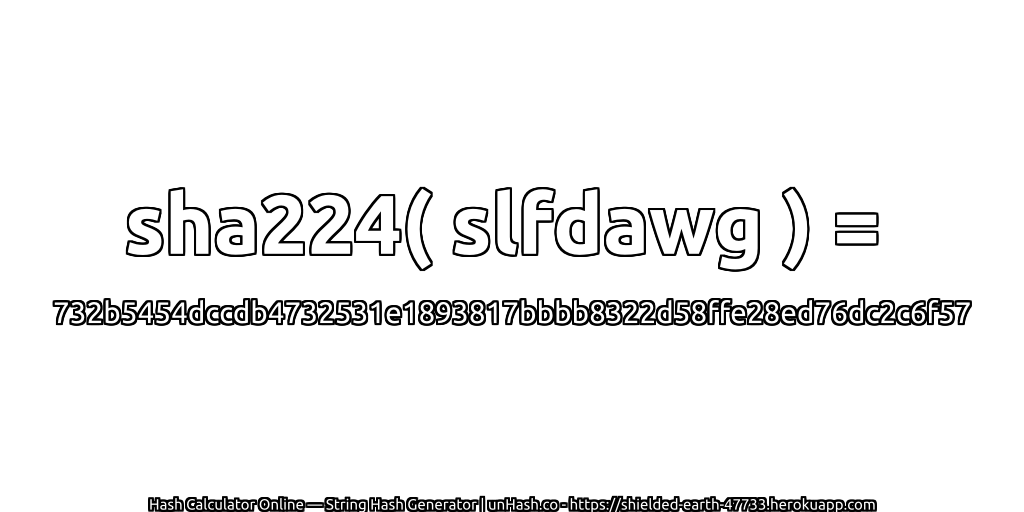 sha224( slfdawg ) = 732b5454dccdb4732531e1893817bbbb8322d58ffe28ed76dc2c6f57 | unHash.co