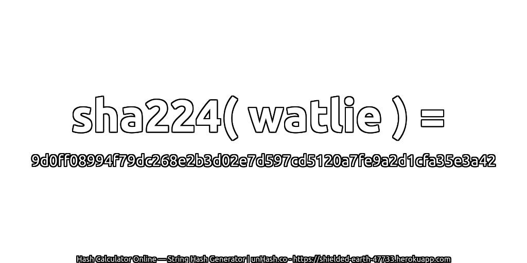 sha224( watlie ) = 9d0ff08994f79dc268e2b3d02e7d597cd5120a7fe9a2d1cfa35e3a42 | unHash.co