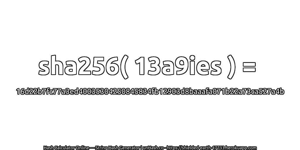 sha256( 13a9ies ) = 16d22b7fc77a3ed40035304250845834fb12903d8baaafa071b22a73ca527a4b | unHash.co