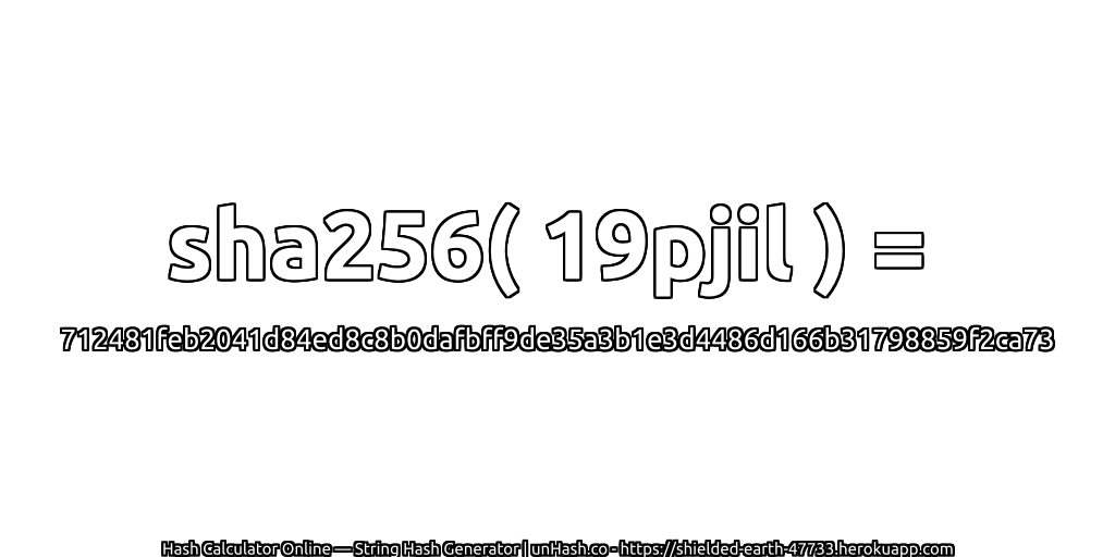 sha256( 19pjil ) = 712481feb2041d84ed8c8b0dafbff9de35a3b1e3d4486d166b31798859f2ca73 | unHash.co