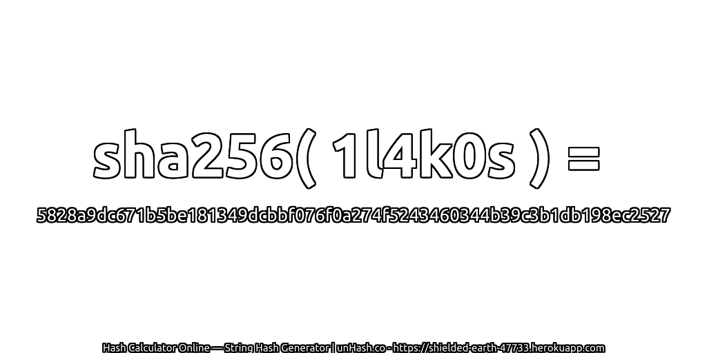 sha256( 1l4k0s ) = 5828a9dc671b5be181349dcbbf076f0a274f5243460344b39c3b1db198ec2527 | unHash.co