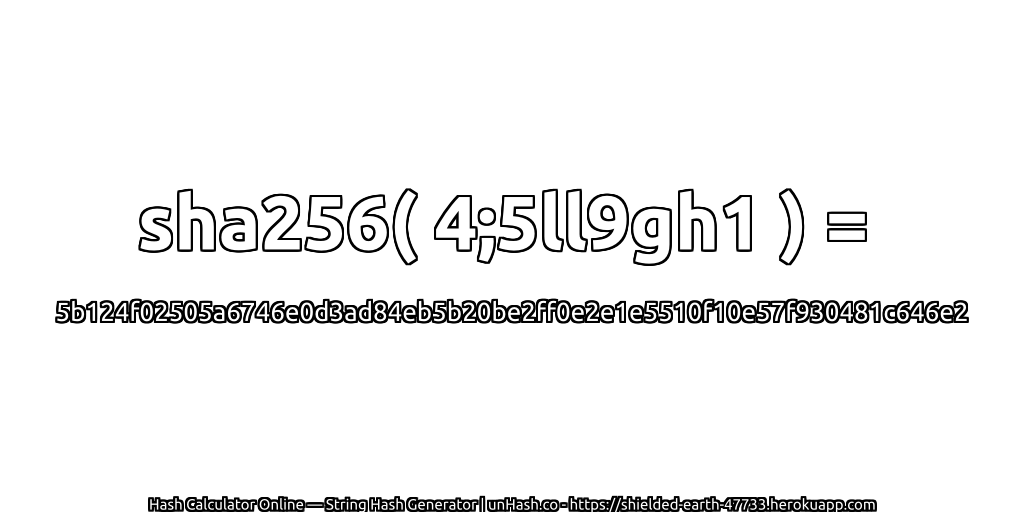 sha256( 4;5ll9gh1 ) = 5b124f02505a6746e0d3ad84eb5b20be2ff0e2e1e5510f10e57f930481c646e2 | unHash.co