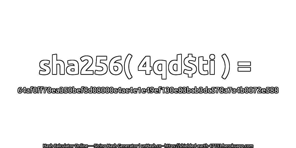 sha256( 4qd$ti ) = 64af0ff70ea350bef8d08000c4ac4e1e49ef130e83bcb3dc578a7a4b0072e588 | unHash.co