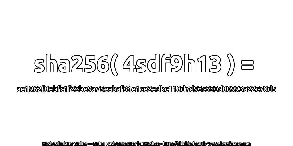 sha256( 4sdf9h13 ) = ae1962f8ebfc1f22be9a75eabaf84e1ce2edbc118d7d93c550d80993a22c70d5 | unHash.co