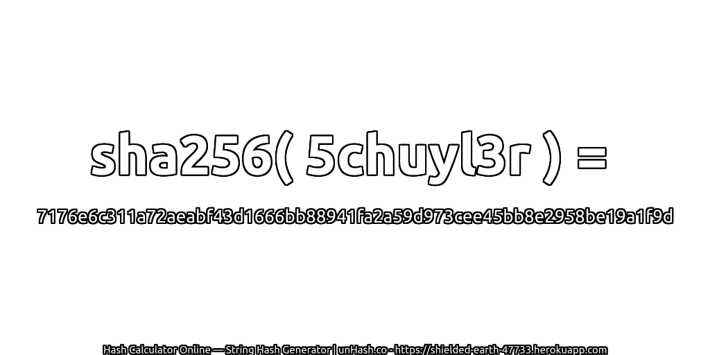 sha256( 5chuyl3r ) = 7176e6c311a72aeabf43d1666bb88941fa2a59d973cee45bb8e2958be19a1f9d | unHash.co