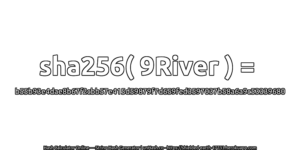 sha256( 9River ) = b55b93e4dae8b67f2cbb57e415d59879f7d659fed3597037b58a6a9c53339680 | unHash.co