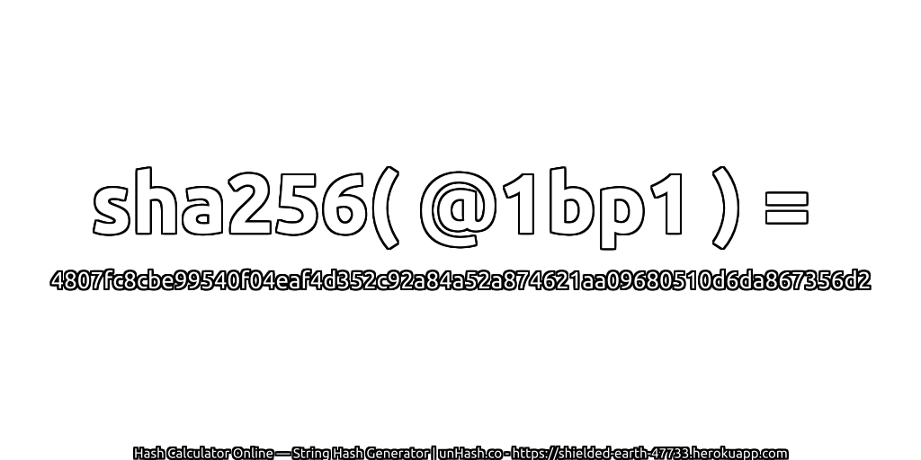 sha256( @1bp1 ) = 4807fc8cbe99540f04eaf4d352c92a84a52a874621aa09680510d6da867356d2 | unHash.co