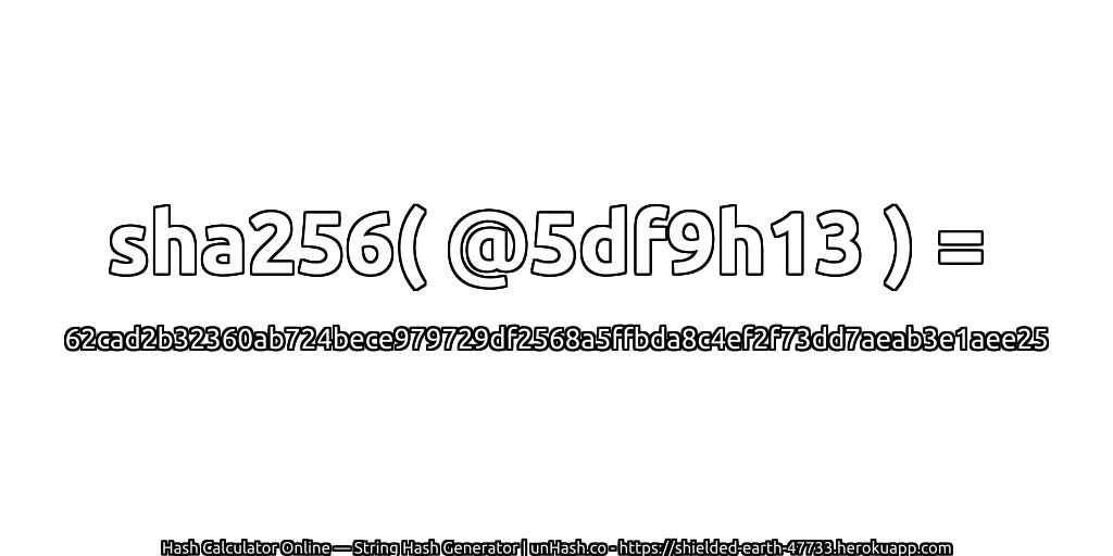sha256( @5df9h13 ) = 62cad2b32360ab724bece979729df2568a5ffbda8c4ef2f73dd7aeab3e1aee25 | unHash.co