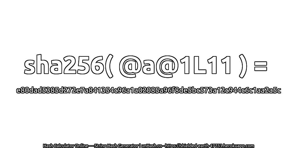 sha256( @a@1L11 ) = e80dad5385d272e7a841354c96a1a02085a96f8de5bc573a12c944c6c1aa2a5c | unHash.co
