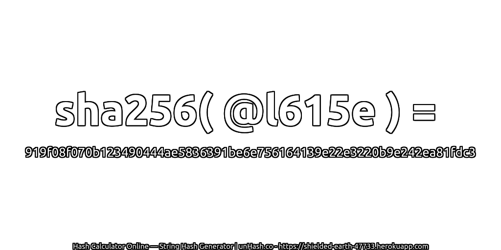sha256( @l615e ) = 919f08f070b123490444ae5836391be6e756164139e22e3220b9e242ea81fdc3 | unHash.co