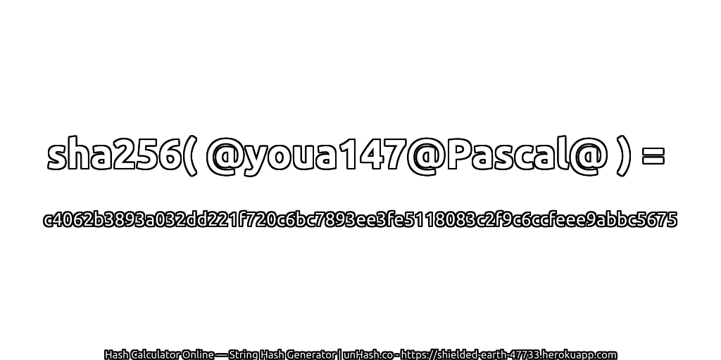 sha256( @youa147@Pascal@ ) = c4062b3893a032dd221f720c6bc7893ee3fe5118083c2f9c6ccfeee9abbc5675 | unHash.co