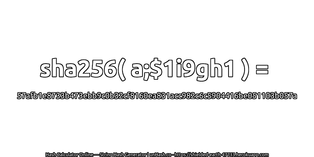 sha256( a;$1i9gh1 ) = 57afb1e8733b473ebb9c0b32cf8160ea831acc982c6c5904416be051103b057a | unHash.co