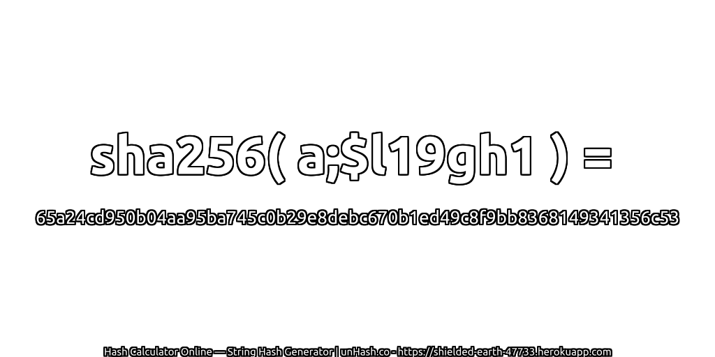 sha256( a;$l19gh1 ) = 65a24cd950b04aa95ba745c0b29e8debc670b1ed49c8f9bb8368149341356c53 | unHash.co