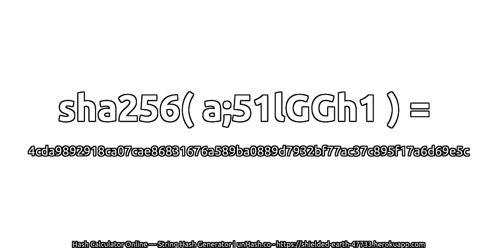 sha256( a;51lGGh1 ) = 4cda9892918ca07cae86831676a589ba0889d7932bf77ac37c895f17a6d69e5c | unHash.co