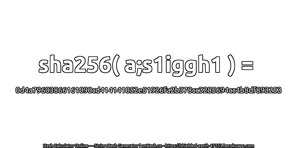 sha256( a;s1iggh1 ) = 0d4a79603866161090cd414141052e51926fa2b378cc3285694cc4b8df893253 | unHash.co