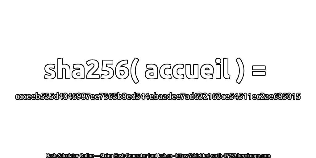 sha256( accueil ) = ccceeb555d4046987ee7565b8ed544ebaadee7ad632163ce54511ec2ae685015 | unHash.co
