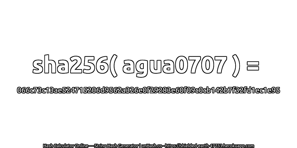 sha256( agua0707 ) = 066c73c13ae524715206d9562a326e0f29283e60f09c0cb142b7f32fd1ec1e95 | unHash.co