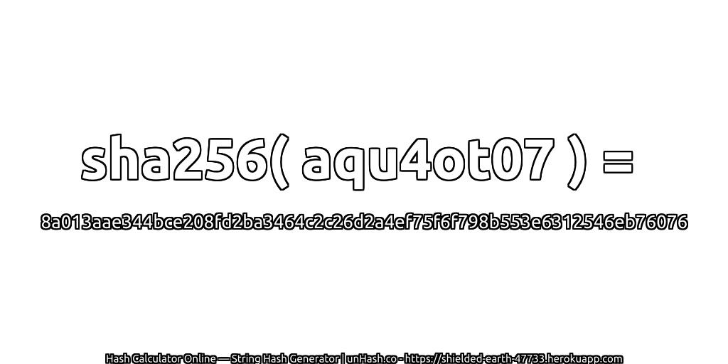 sha256( aqu4ot07 ) = 8a013aae344bce208fd2ba3464c2c26d2a4ef75f6f798b553e6312546eb76076 | unHash.co