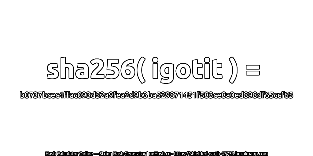 sha256( igotit ) = b0737bcec4ffac093d52a9fea2d9b3ba529871451f583ce8a0ed898df65ccf65 | unHash.co