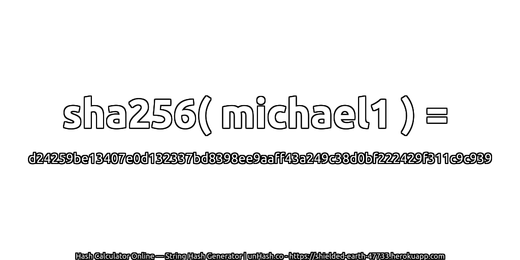 sha256( michael1 ) = d24259be13407e0d132337bd8398ee9aaff43a249c38d0bf222429f311c9c939 | unHash.co