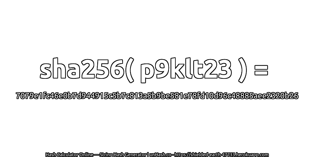 sha256( p9klt23 ) = 7079e1fc46e0b7d944915c5b7c813a5b9be581e78fd10d96c48885aee2320b26 | unHash.co