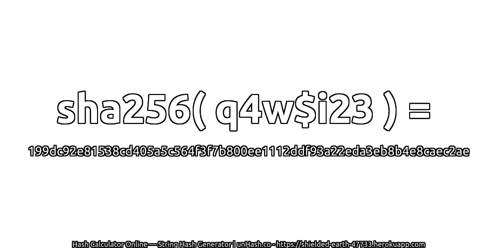 sha256( q4w$i23 ) = 199dc92e81538cd405a5c564f3f7b800ee1112ddf93a22eda3eb8b4e8caec2ae | unHash.co