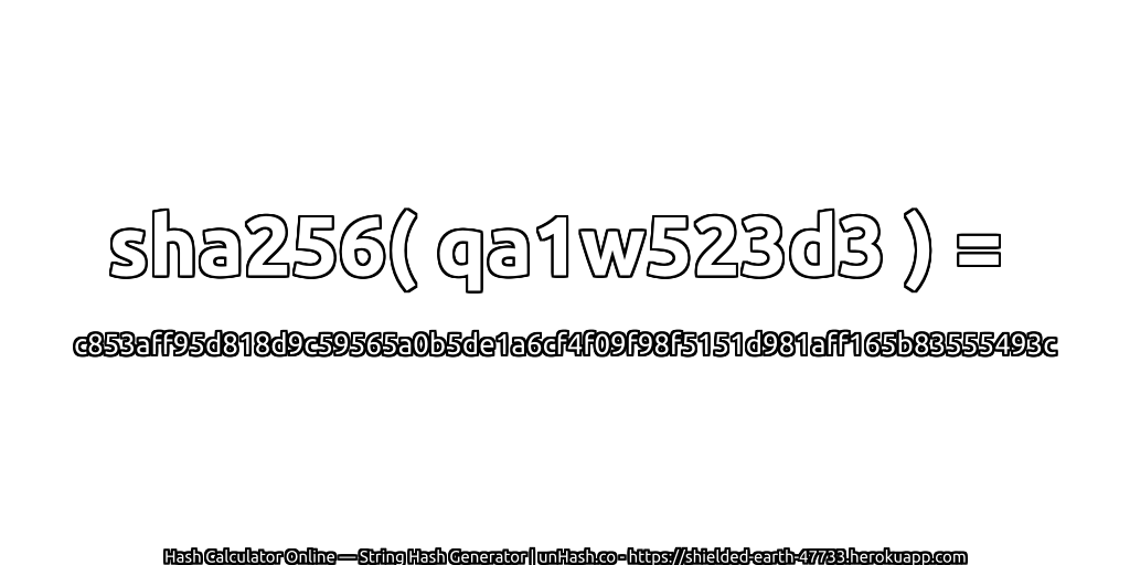sha256( qa1w523d3 ) = c853aff95d818d9c59565a0b5de1a6cf4f09f98f5151d981aff165b83555493c | unHash.co