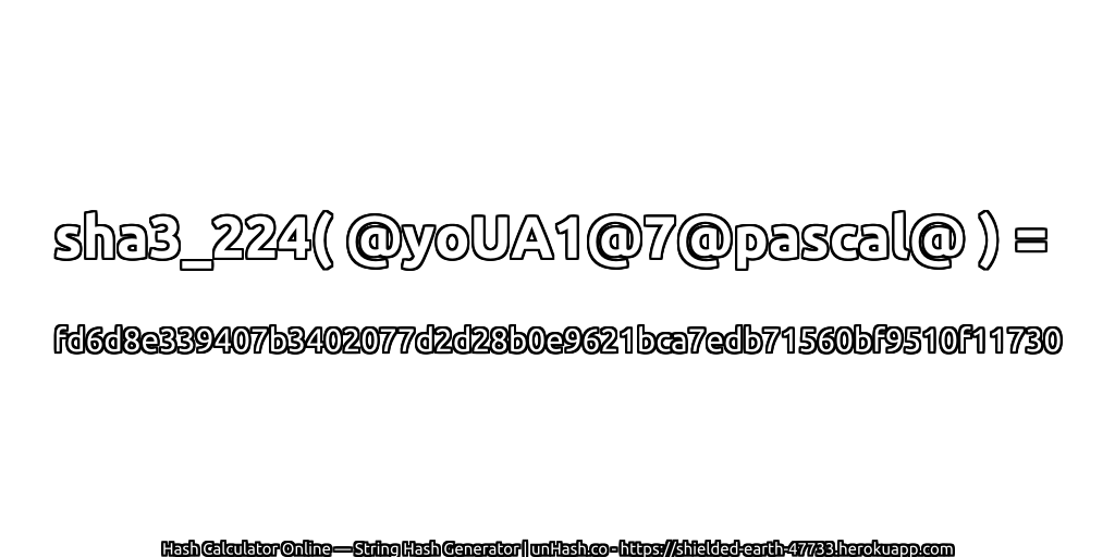 sha3_224( @yoUA1@7@pascal@ ) = fd6d8e339407b3402077d2d28b0e9621bca7edb71560bf9510f11730 | unHash.co