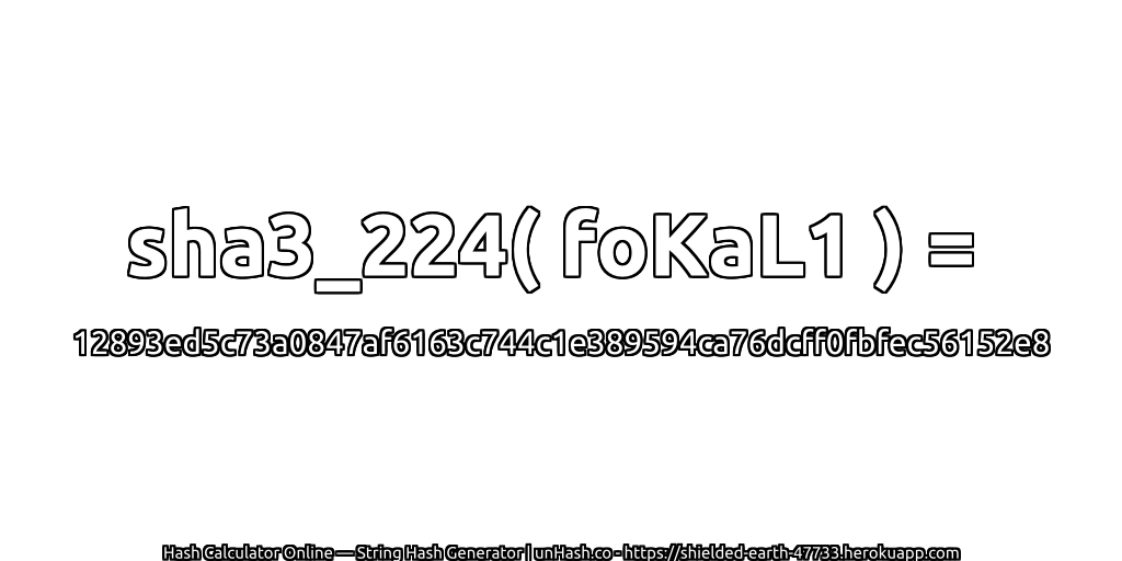 sha3_224( foKaL1 ) = 12893ed5c73a0847af6163c744c1e389594ca76dcff0fbfec56152e8 | unHash.co