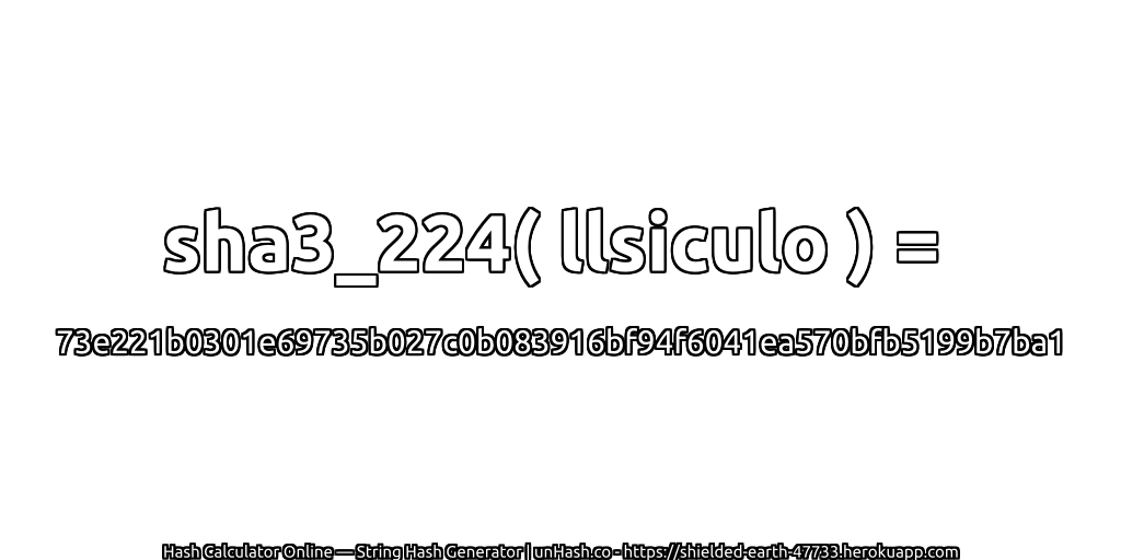 sha3_224( llsiculo ) = 73e221b0301e69735b027c0b083916bf94f6041ea570bfb5199b7ba1 | unHash.co