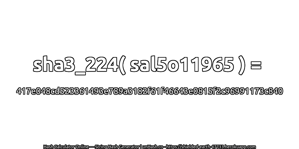 sha3_224( sal5o11965 ) = 417e048cd523361493e789a3182f61f46643e0815f2c96991173c840 | unHash.co