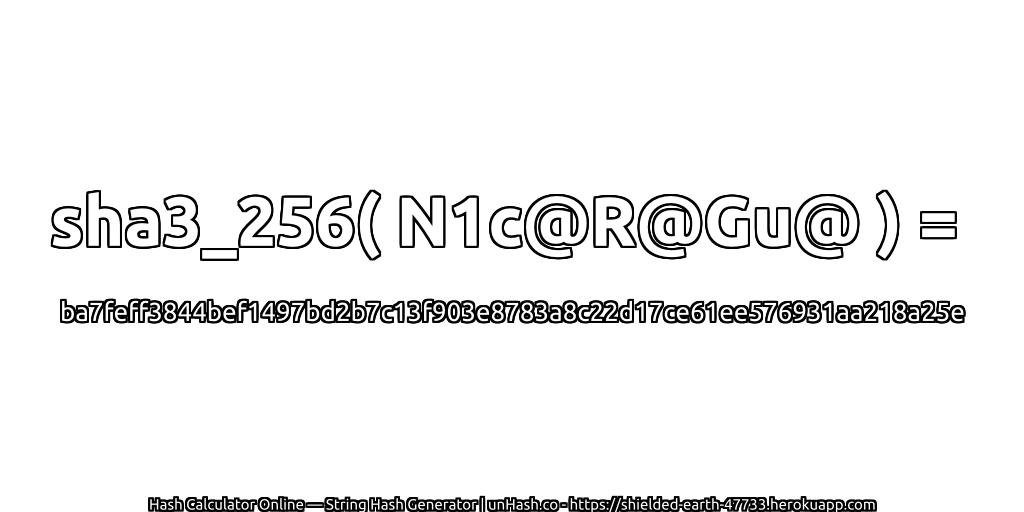 sha3_256( N1c@R@Gu@ ) = ba7feff3844bef1497bd2b7c13f903e8783a8c22d17ce61ee576931aa218a25e | unHash.co