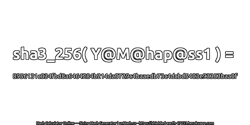 sha3_256( Y@M@hap@ss1 ) = 8956131c034fbd8a6464284b214da0729c4baaedb73c4dcbd5403e93353baa0f | unHash.co